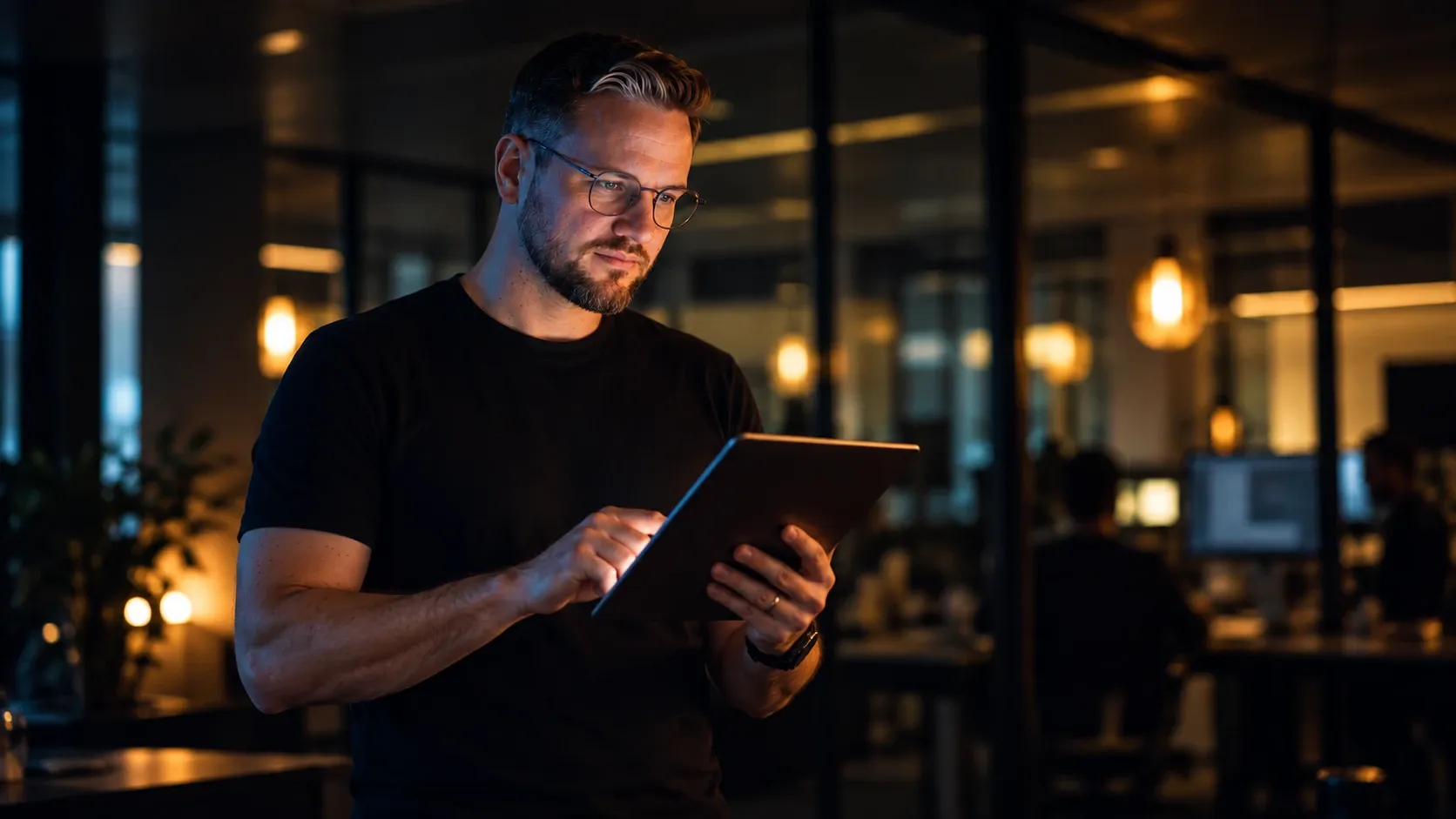 Homem usando um tablet em um escritório à noite